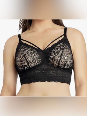 Parfait Mia Black Wire Free Lace Strapy Long Bralette Bra Size 34D